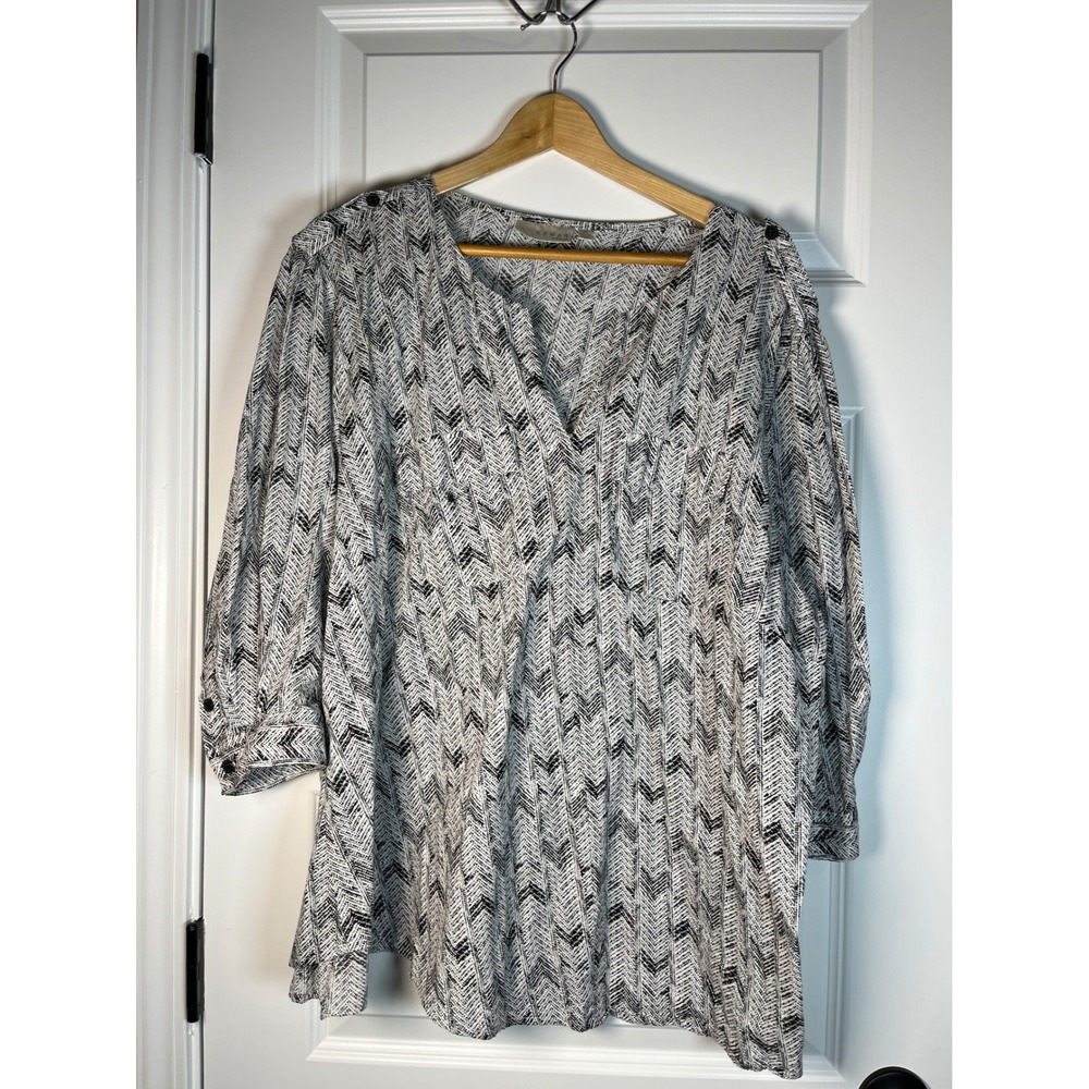 Kenar Woman Black White Chevron Cotton Blouse 3/4 Sleeve Plus Size 3X Pockets